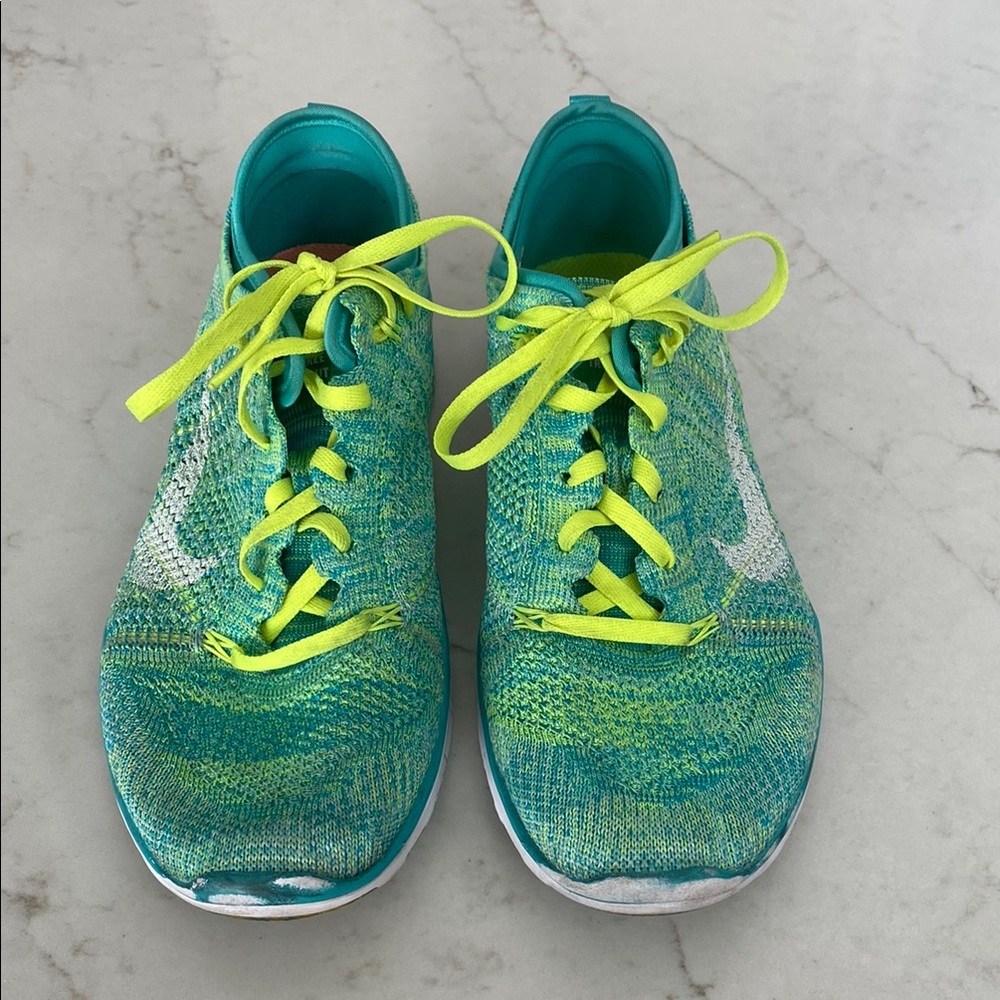 Nike Free TR FlyKnit Turquoise and Lime Green Running Shoes